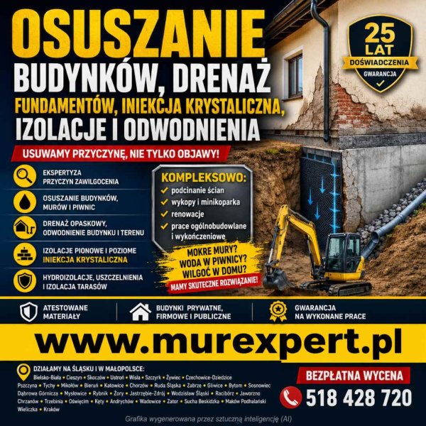 Drenaż opaskowy i odwodnienie terenu - odkopanie fundamentów, izolacje pionowe
