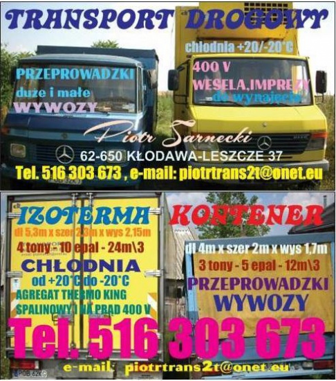 TRANSPORT DO 4 T - 24 m3 KONTENER / IZOTERMA / CHŁODNIA (+20 /-20