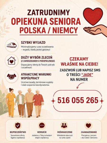 Zatrudnimy opiekunki/opiekunów seniora w Polsce/Niemczech